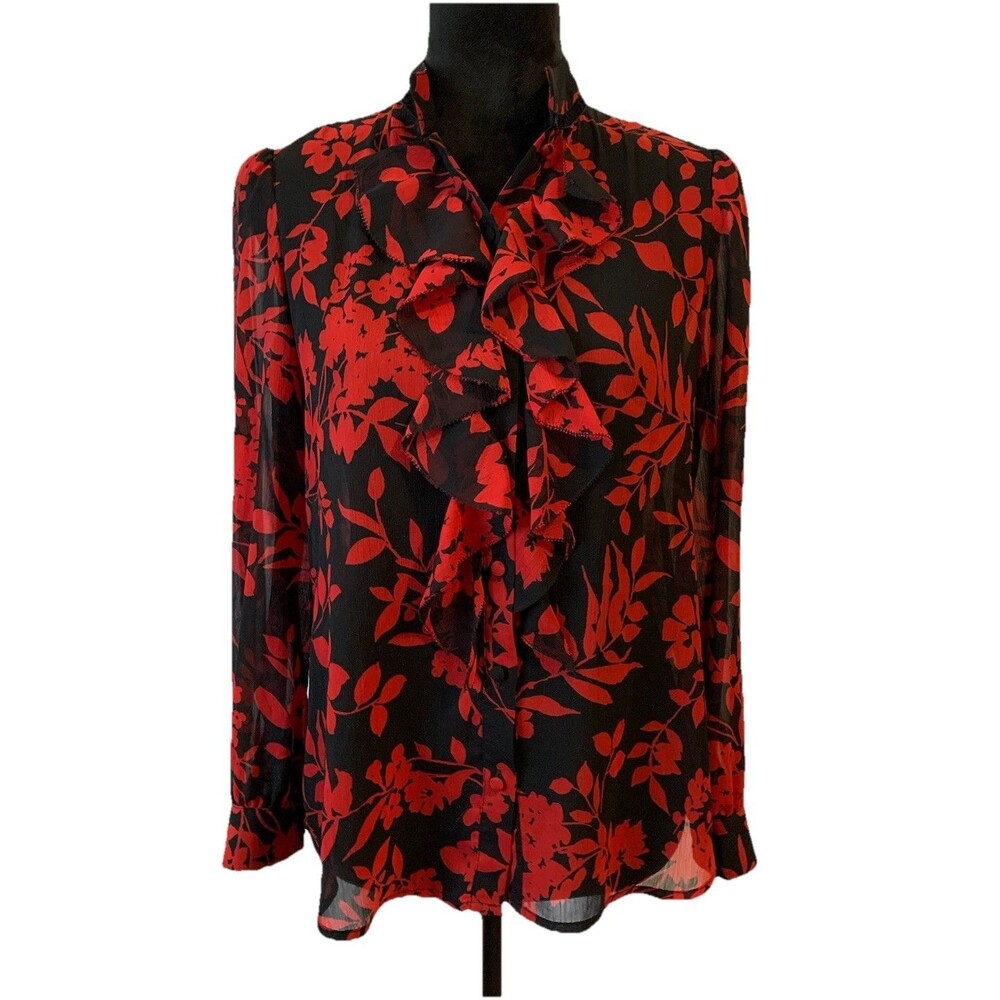 Chicos Size 0 Petite Top Womens SP Semi Sheer Floral Ruffle Blouse Business